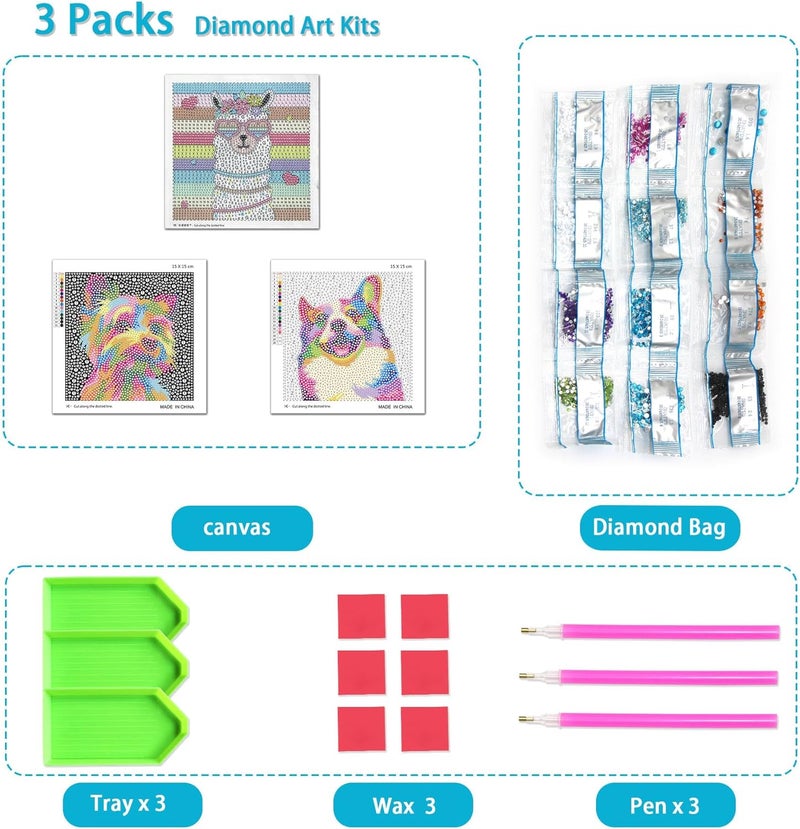 UiSdfuy Diamond Art Kits for Kids,Arts & Crafts Ages 8 9 10 11 12,Diamond Art for Kids,Gem Art 3 Pack Diamond Painting 6" X 6" (3-Dog) - Image 3